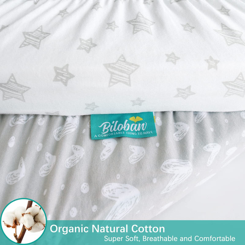 Waterproof Bassinet Sheets Fit for Hourglass, Oval Bassinet Mattress 2 Pack, 100% Organic Cotton, Ultra Soft, Unisex White Grey Star Print for Baby Bassinet Sheets 32" x 17" - NewNest Australia