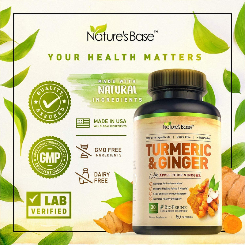 Turmeric Curcumin Supplement with Ginger & Apple Cider Vinegar, BioPerine Black Pepper, Tumeric & Ginger, 95% Curcuminoids & Joint Supplement, Antioxidant Tumeric Supplements Capsules, Nature's Base 60 Count (Pack of 1) - NewNest Australia