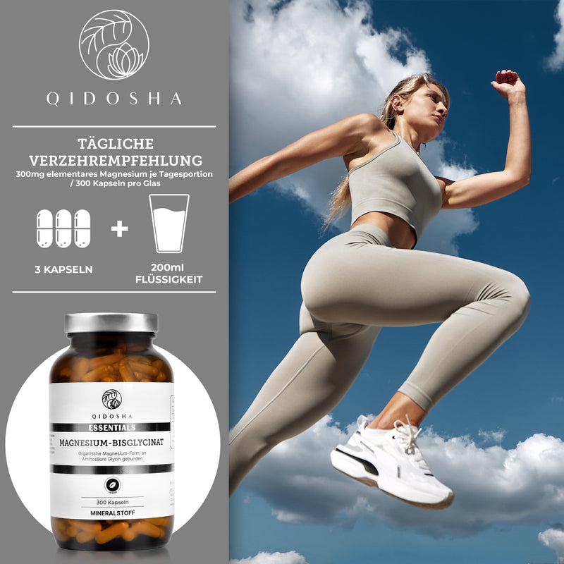 QIDOSHA® Magnesium Bisglycinate capsules, 300 pieces in a pharmacy jar, organic magnesium form as magnesium glycinate, 300 mg elemental magnesium per daily portion from 1500 mg magnesium bisglycinate - NewNest Australia