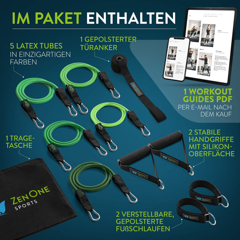 Zenone Sports Resistance Band Set 5 Fitness Bands Resistance Bands Expander Set - Resistance Bands Resistance Band Set With Handles, Foot Straps, Door Anchors Including Workout Guide & Video Set Green - NewNest Australia