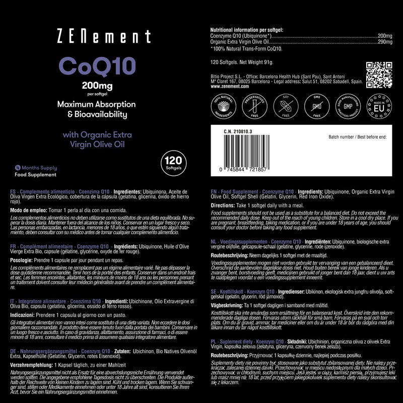Coenzyme Q10, 200 mg | 120 soft capsules, with organic extra virgin olive oil | CoQ10 100% Natural, Non-GMO, Gluten Free | Zenement - NewNest Australia