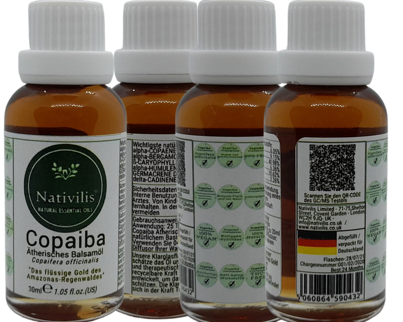 Nativilis Copaiba Essential Balm Oil - Muscle And Joint Pain - Anti-Ageing Brown Spot On Skin Acne Dermatitis Melasma Fungal Infections Circulation Of Varicose Veins Aromatherapy Oil 30 Ml - NewNest Australia