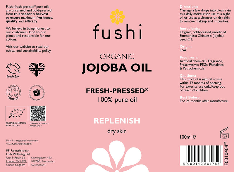 Fushi Organic Jojoba Oil 100 ml | Fresh-Pressed| Rich in Vitamin E | Best for Skin Cleansing, Dry Skin & Dry Hair | Hypoallergenic Oil | Ethical & Vegan Society Approved | Manufactured in the UK - NewNest Australia