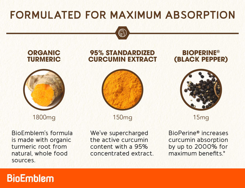 BioEmblem Turmeric Curcumin Supplement with BioPerine | Joint Support & Inflammatory Response | with Organic Turmeric Powder & 95% Curcuminoids Extract | California Made, Non-GMO, 30-Day Supply - NewNest Australia