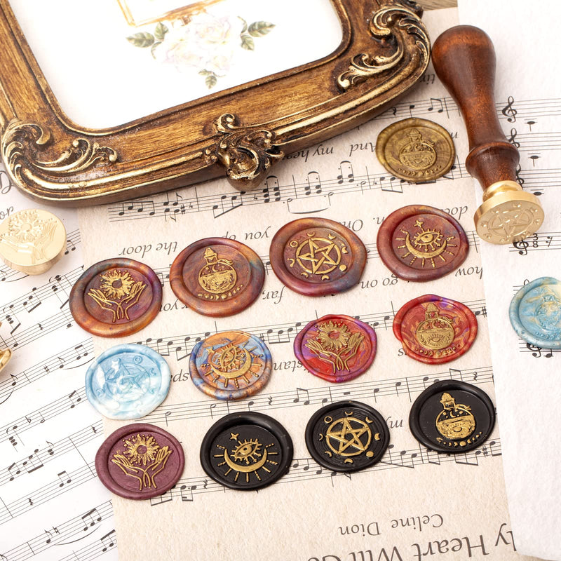 Wiccan Wax Seal Stamp Set, Pagan Pentagram Moon Phases Sealing Stamp Head, Vintage Evil Eye Triple Moon Pentacle and Sun Bottle Pattern Kit with Gift Box for Letter Envelope Witchcraft Invitation Card - NewNest Australia