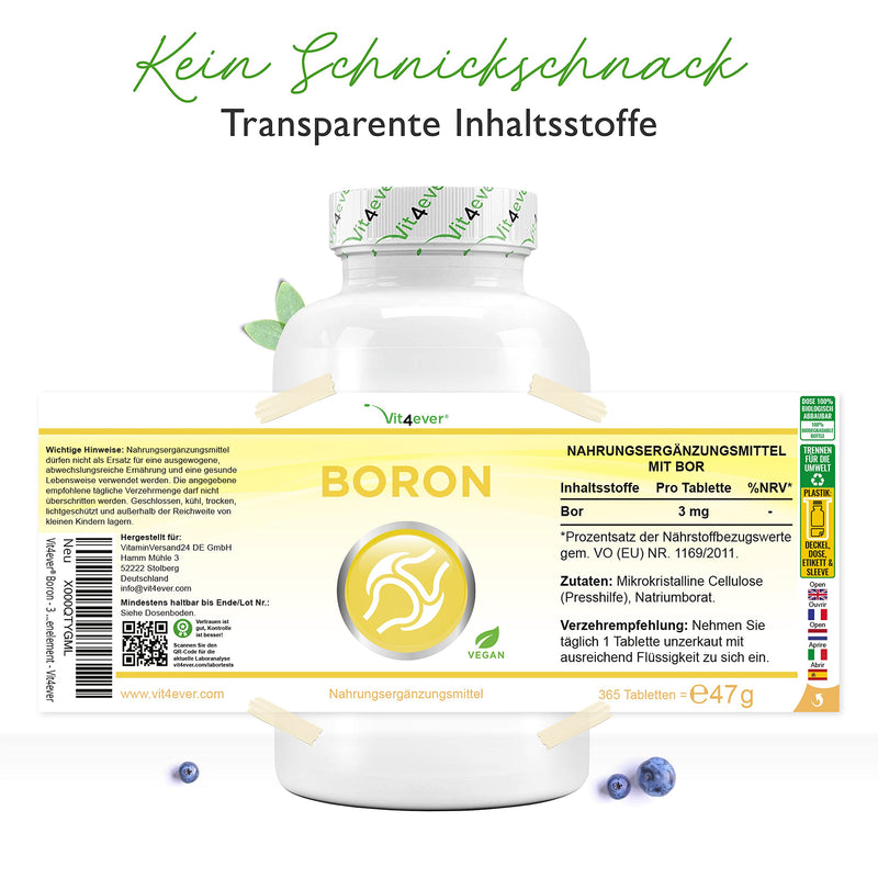 Vit4Ever Boron - 3 Mg - 365 Tablets - Laboratory Tested - Daily Only 1 Tablet Boron - 1 Year Of Continuous Supply - High Dose & Vegan - Sodium Tetraborate - Trace Element - Vit4Ever - NewNest Australia