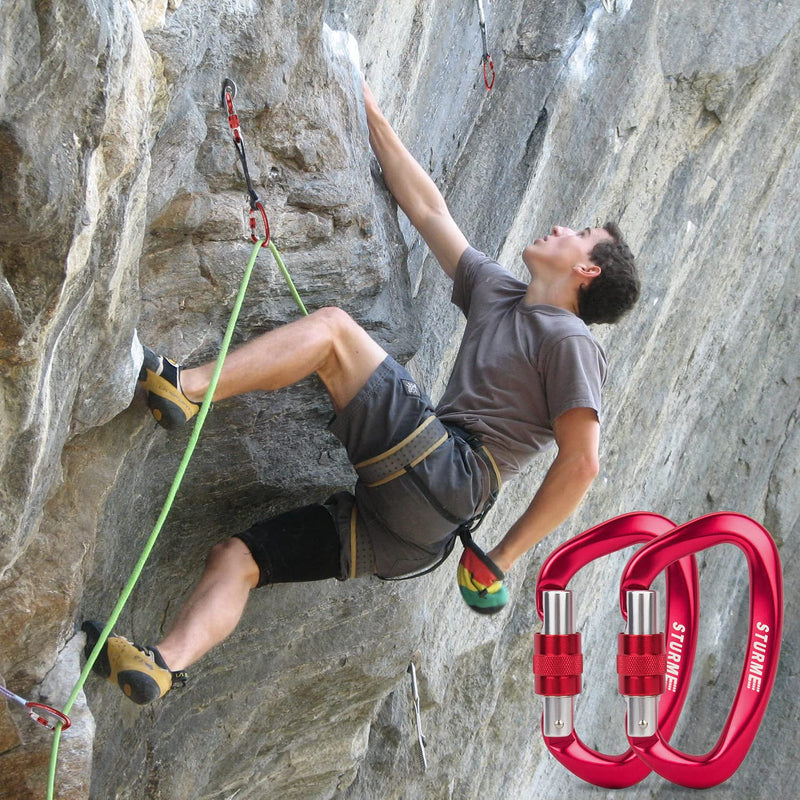 STURME UIAA Certified Climbing Carabiner Clips, 2 Pack 25KN(5623lbs) Screwgate Locking Carabiner Heavy Duty Caribeener Clips, Large Carabiner D Ring for Rock Climbing & Mountaineering Red - NewNest Australia