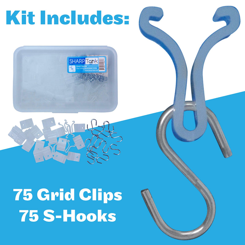 NewNest Australia - SharpTank Ceiling Grid Clips | 150 Pc Kit of Clear Clips and Ceiling Hooks for Hanging Classroom Decorations and Office Decor (Includes 75 Ceiling Clips and 75 S-Hooks) 