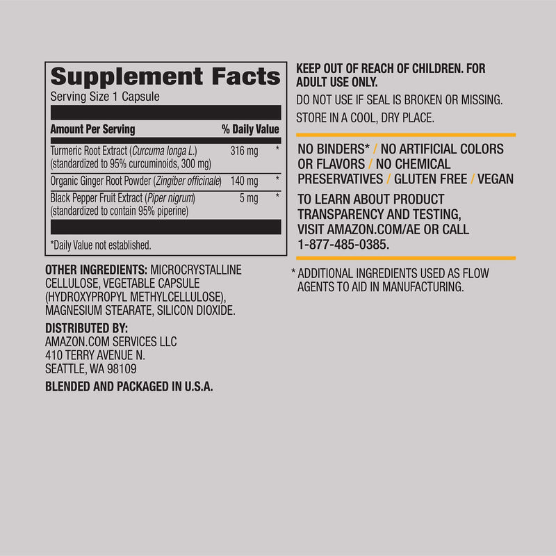 Amazon Elements Turmeric Complex, 316 mg Curcumin, 140 mg Ginger, 5 mg Black Pepper - Joint & Immune System, Healthy Inflammation Response - 65 Capsules (2 month supply) - NewNest Australia