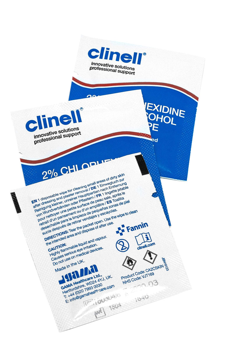 Clinell - Alcohol Skin Wipes - 2% Chlorhexidine, 70% Alcohol Wipes - Skin Wipes Designed for Using in Hospitals, Latex Free & Dermatologically Tested - 1 Box of 200 Wipes Single - NewNest Australia