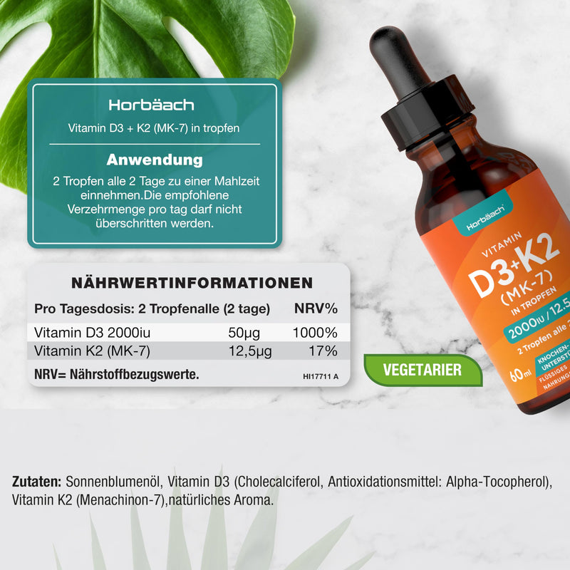 Vitamin D3 K2 drops high dose | 60ml | 2000 IU D3 + 12.5 mcg K2 MK7 | Liquid drops | Bone Health and Immune Support | by Horbaach - NewNest Australia