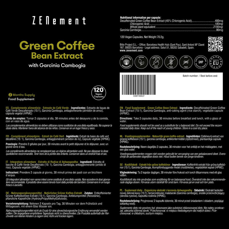 Green Coffee Extract, 120 Vegan Capsules, High Dose With 45% Chlorogenic Acid, Natural Dietary Supplement, With Garcinia Cambogia, Green Coffee Without Artificial Additives Zenement - NewNest Australia