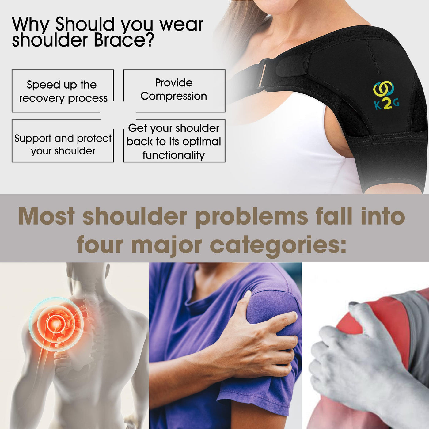 Adjustable Shoulder Brace Support - For Men Women Rotator Cuff Dislocated  Joints, Labrum Tear, Frozen Arm, Bursitis, Muscle Pain Relief, Fits Both  Right or Left, Black, One Size : : Health 