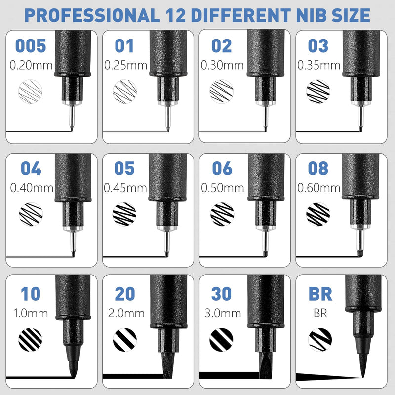 YISAN Black Drawing Pens,Art Pens,Fineliner Ink Pens,Set of 12 Micro-Pens,Manga Pens,for Sketching,Technical Drawing 902195 - NewNest Australia