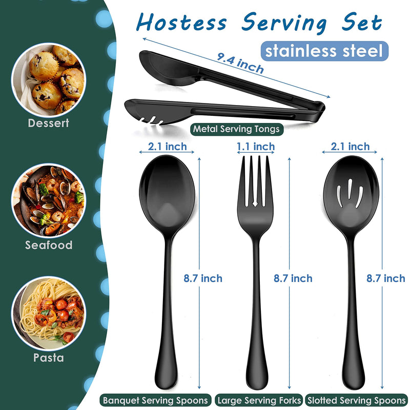 Herogo 8 Pieces Black Stainless Steel Serving Utensils Set, 8.7 Inch Serving Spoons, Slotted Serving Spoons, Serving Forks, 9.4 Inch Serving Tongs for Catering Banquet Buffet Party, Dishwasher Safe - NewNest Australia