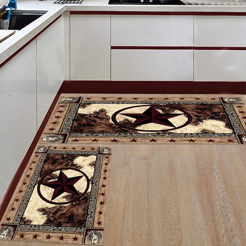 Kitchen Rugs Sets 2 Piece Floor Mats Western Texas Star on Wood Panel Rustic Doormat Vintage Style Texas Star Pattern Area Rugs Washable Runner Carpet Set Non Slip Kitchen Rugs and Mats - NewNest Australia