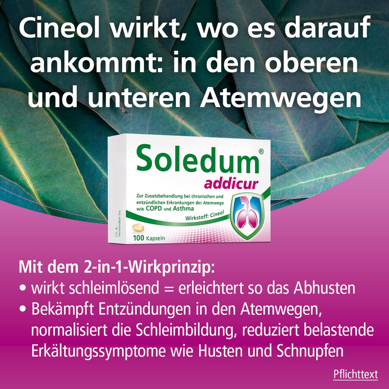 Soledum Addicur | For additional treatment of chronic and inflammatory diseases of the respiratory tract such as COPD and asthma | 100 capsules - NewNest Australia