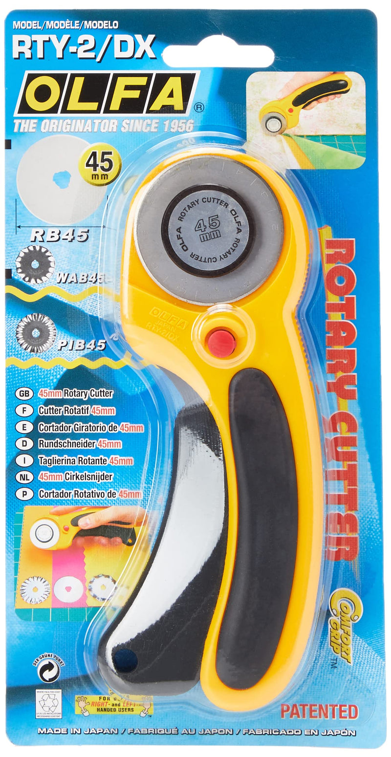 OLFA 45mm Ergonomic Rotary Cutter (RTY-2/DX) - Rotary Fabric Cutter w/ Blade Cover & Squeeze Trigger for Quilting, Sewing, Crafts, Replacement Blade: OLFA RB45-1H - NewNest Australia