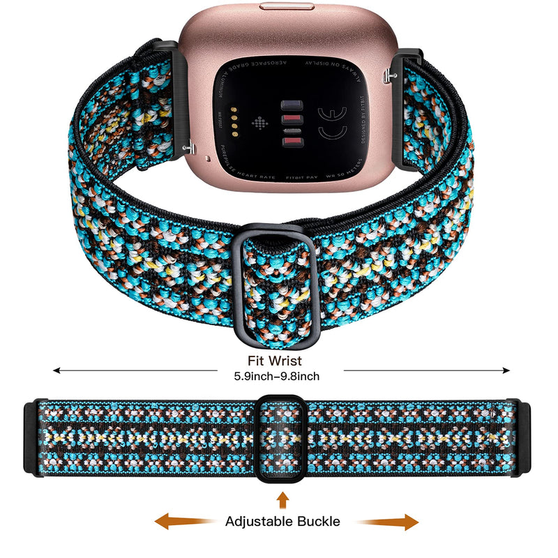 Maledan 3 Pack Elastic Band Compatible with Fitbit Versa/Fitbit Versa Lite/Fitbit Versa 2 Bands for Women Men, Adjustable Stretchy Nylon Solo Loop Strap Wristbands, Boho Green/Green Arrow/Colorful - NewNest Australia