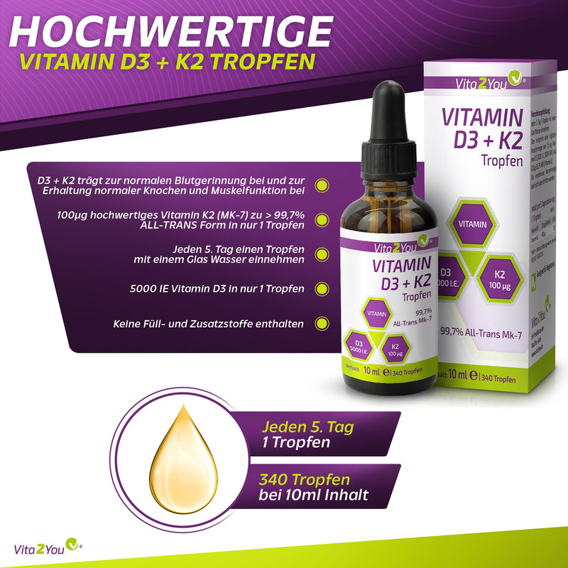 Vita2You Vitamin D3 + K2 drops - Vitamin D3 5000 IU - Vitamin K2 100µg per drop - K2VITAL - MK-7 - 99.7% All-Trans - MCT oil - Premium quality - Made in Germany - NewNest Australia