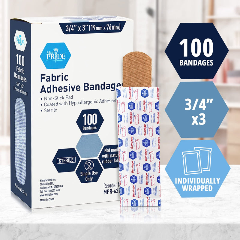 Medpride Sterile Fabric Adhesive Bandages [100 Count]- First Aid Bandages Coated with Hypoallergenic Adhesive & Non-Stick Pad- Latex-Rubber Free Wound Care Bandages- Individual Wrapped- 3/4'' x 3'' 3/4'' x 3'' - 100 Count - NewNest Australia