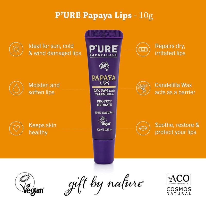 P'URE PAPAYA CARE Natural Vegan LIP BALM for Dry Chapped Lips with Shea Butter, Calendula - Papaya Lips - 10g Purple - NewNest Australia