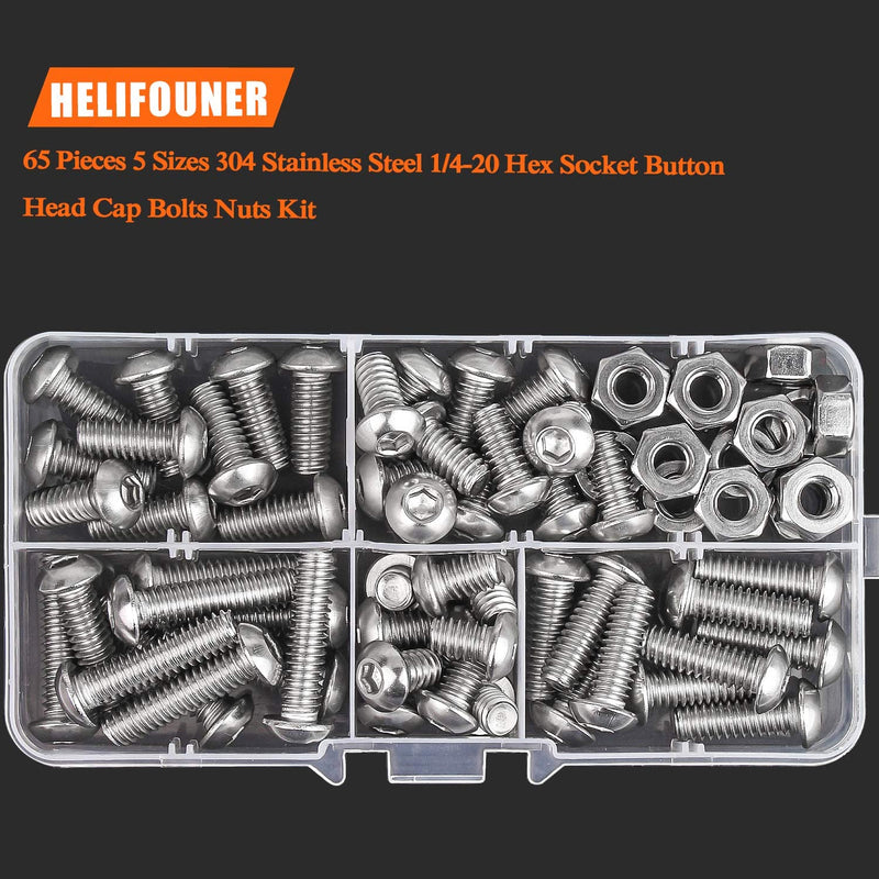 HELIFOUNER 65 Pieces 5 Sizes 304 Stainless Steel 1/4-20 x 3/8" 1/2" 5/8" 3/4" 1" UNC Thread Hex Button Head Cap Bolts Kit - NewNest Australia