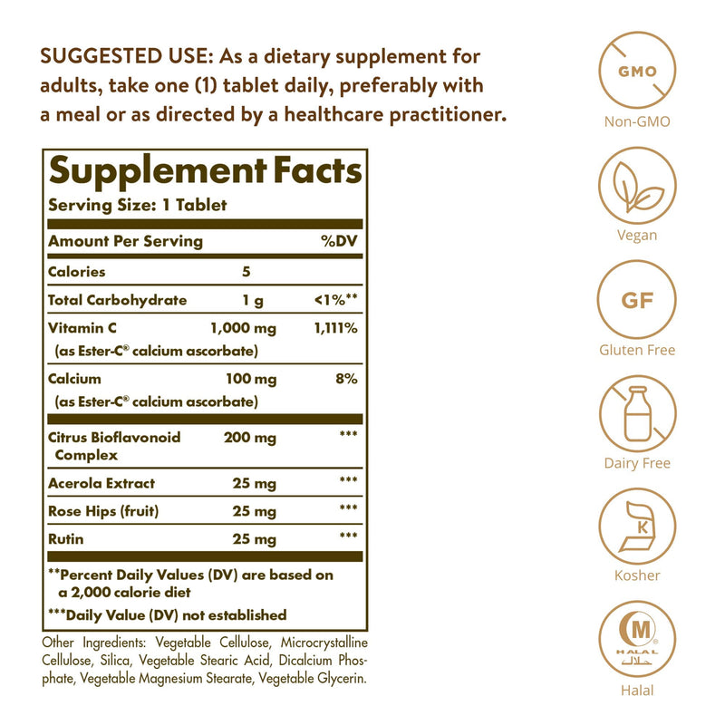 Solgar Ester-C Plus 1000 mg Vitamin C (Ascorbate Complex), 60 Tablets - Gentle On The Stomach & Non Acidic - Antioxidant & Immune System Support - Non GMO, Vegan, Gluten Free, Kosher - 60 Servings 60 Count (Pack of 1) - NewNest Australia