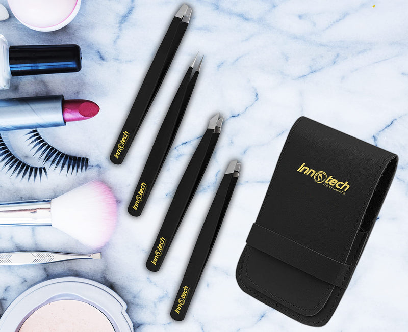 Tweezers Eyebrow Plucking 4 Piece Tweezers Set Professional Rustproof Stainless Steel Precise Eyebrow Plucking, Hair Remover Ingrown Hair, Face Epilator High Quality Care Set Black - NewNest Australia