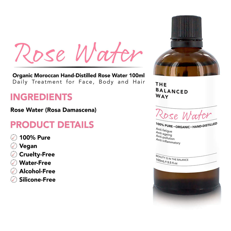 100% Pure & Organic Rose Water (100ml Glass Bottle) | Triple Distilled Premium Anti-Oxidant Rose Water Face Toner | Calms, Tones & Rehydrates | Gentle on Skin | Controls Excess Oil | Made in Morocco - NewNest Australia