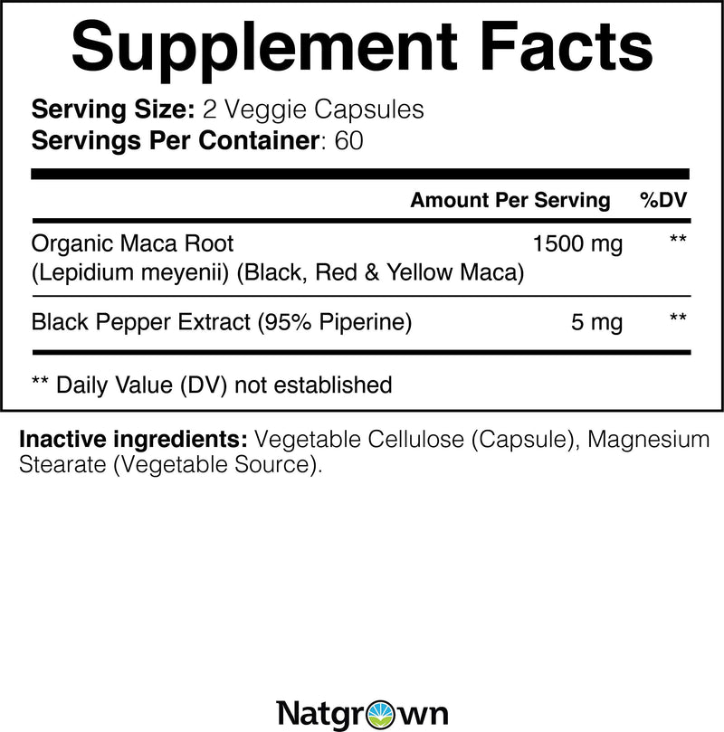 Organic Maca Root Powder Capsules 1500 mg with Black + Red + Yellow Peruvian Maca Root Extract Supplement for Men and Women - Vegan Pills - NewNest Australia