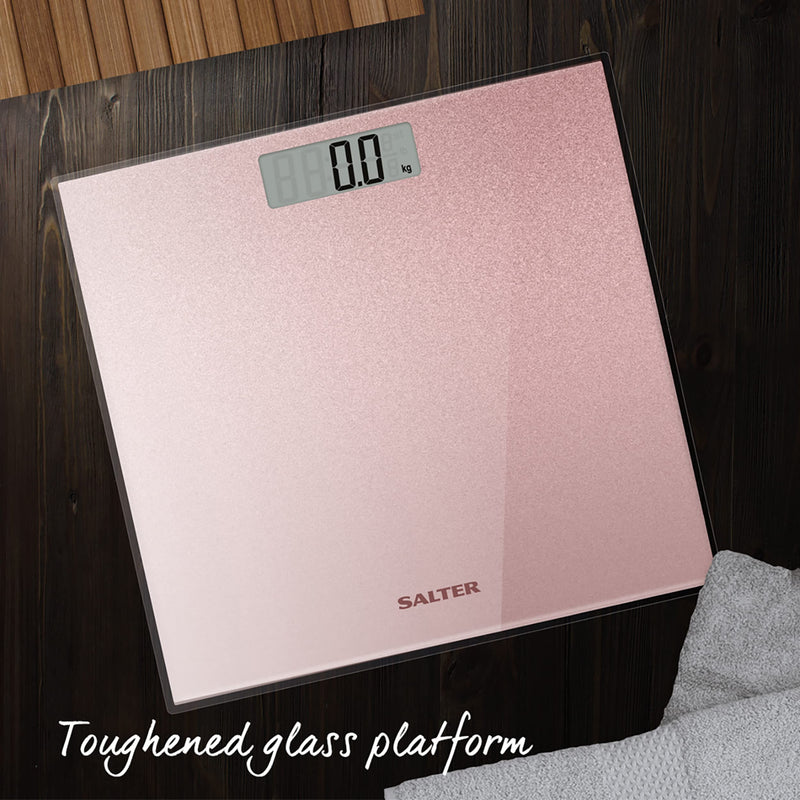 Salter 9037 Rggl3R Digital Bathroom Scales - Electronic Body Weight Scale, Tempered Glass Platform, Easy To Read, Instant Weight Measurement, 180 Kg Capacity, Rose Gold Glitter - NewNest Australia