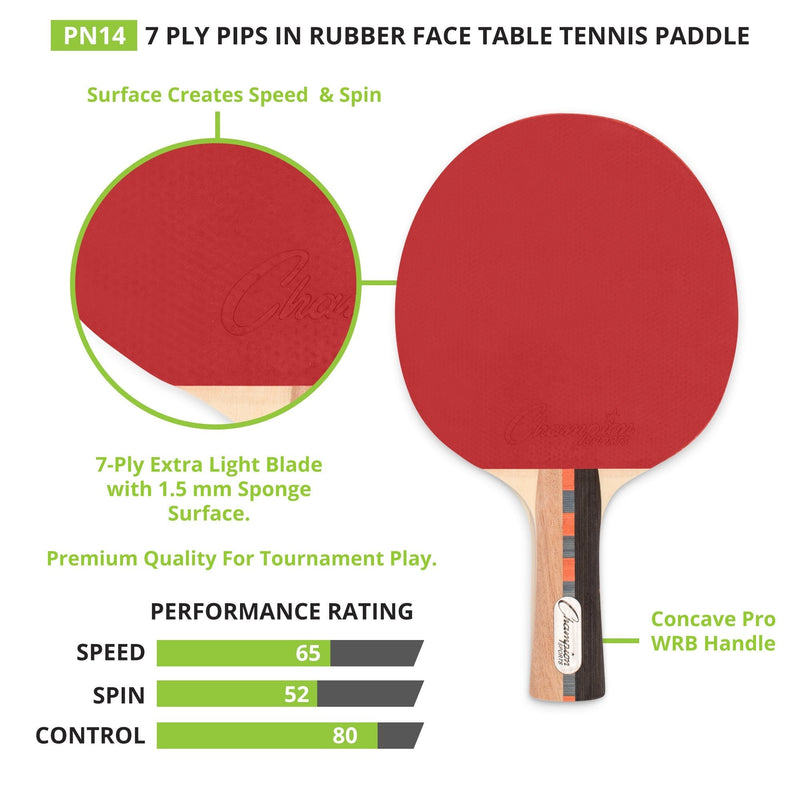 Champion Sports Pro Series Rubber Face Table Tennis Paddle - Multiple Speed Ratings Spin Speed Control Rating (6-5-7) - NewNest Australia