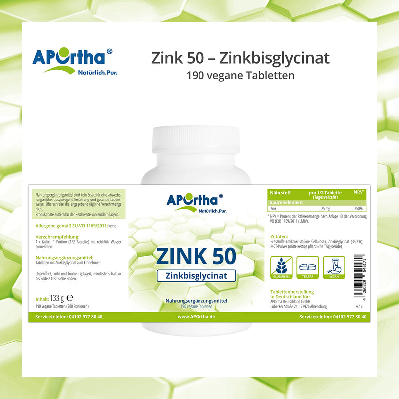 Aportha High-Dose Zinc Tablets (190 Pieces), 50 Mg Zinc Bisglycinate Per Tablet, Annual Supply Of 0.5 Tablets Per Day, Vegan Without Additives, Alternative To Zinc Capsules - NewNest Australia