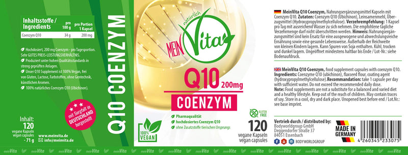 Coenzyme Q10, 100% vegan, extra high dose with 200mg per capsule - 120 capsules in a 4 month supply, bioactive, premium Q10, MeinVita line, - NewNest Australia