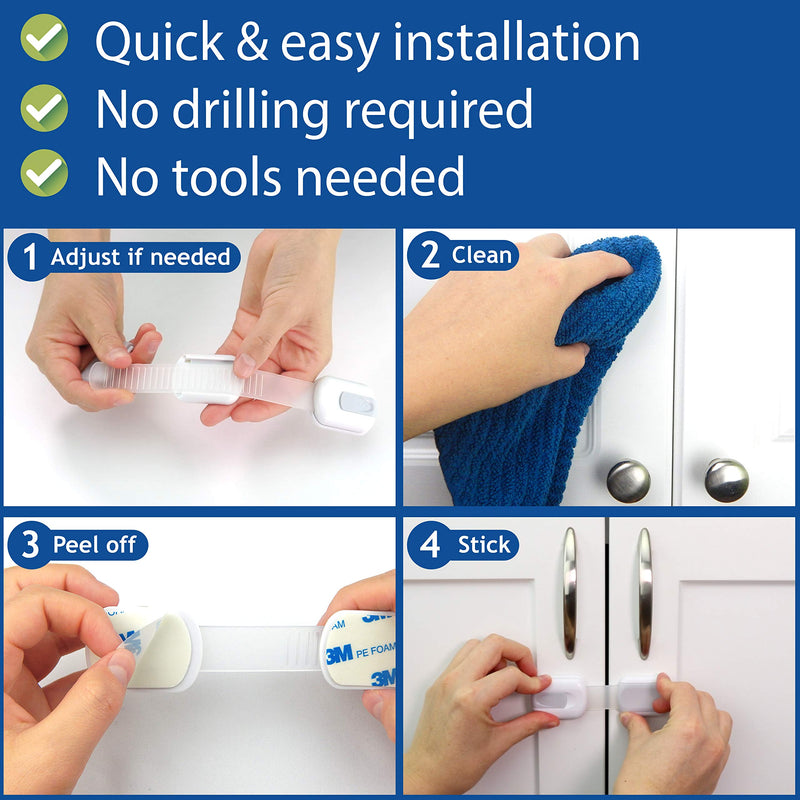 Child Safety Strap Locks (4 Pack) Baby Locks for Cabinets and Drawers, Toilet, Fridge & More. 3M Adhesive Pads. Easy Installation, No Drilling Required, White - NewNest Australia