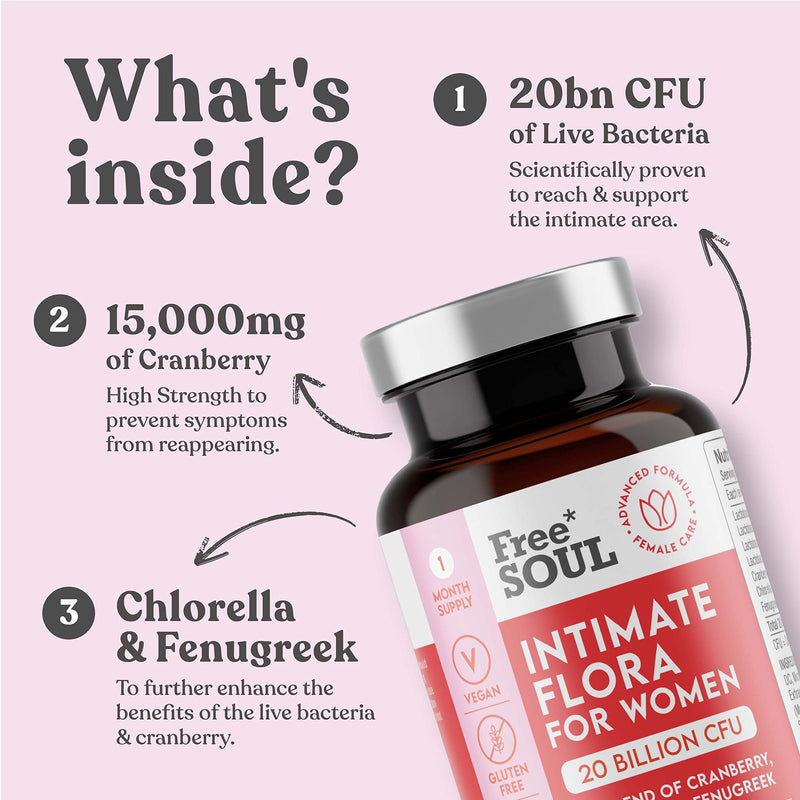 Probiotics for Women - Scientifically Proven Bio Cultures for Women's Intimate Flora | 20 Billion CFU Fortified with 15,000mg Cranberry, Fenugreek & Chlorella | Vegan | 60 Tablets | Free Soul - NewNest Australia