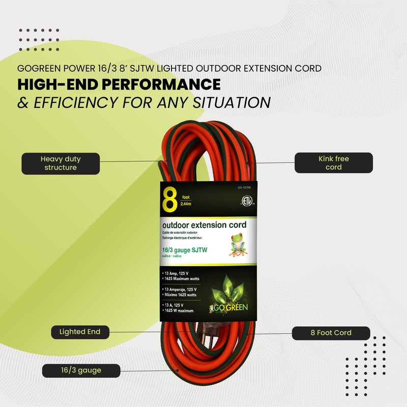 Go Green Power Inc. GG-13708 16/3 8' Heavy Duty Extension Cord-Orange, 8 Ft Orange - NewNest Australia