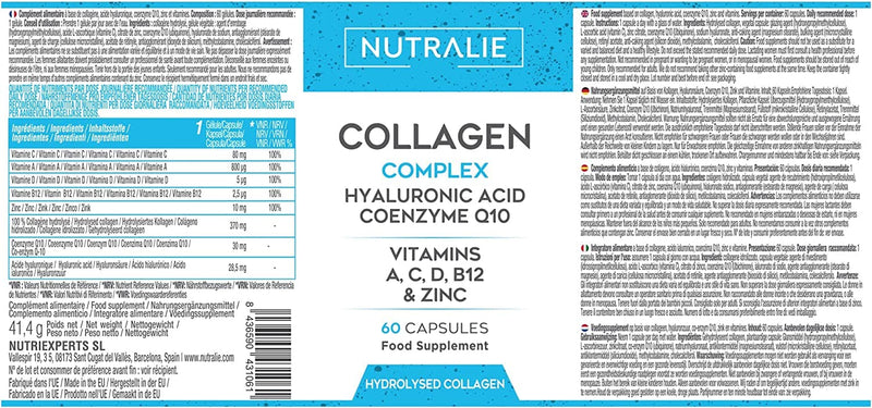 Collagen + Hyaluronic Acid + Coenzyme Q10 + Vitamins A, C, D and B12 + Zinc | For the joints and for the skin | Collagen hydrolyzate in 60 capsules | Nutralie 41.4 g - NewNest Australia