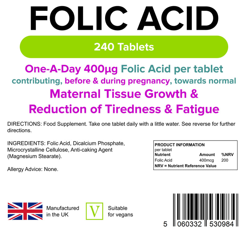 Lindens Folic Acid 400mcg - 240 Vegan Tablets - Pregnancy, UK Made to GMP | Immune Health, Energy and Vitality, Blood Formation, Psychological Function, Amino Acid | Made in the UK, Letterbox Friendly - NewNest Australia