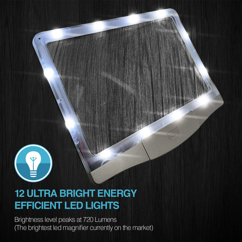 MagniPros 3X Large Ultra Bright LED Page Magnifier with 12 Anti-Glare Dimmable LEDs (Provide More Evenly Lit Viewing Area & Relieve Eye Strain)-Ideal for Reading Small Prints & Low Vision & Aging Eyes Silver - NewNest Australia