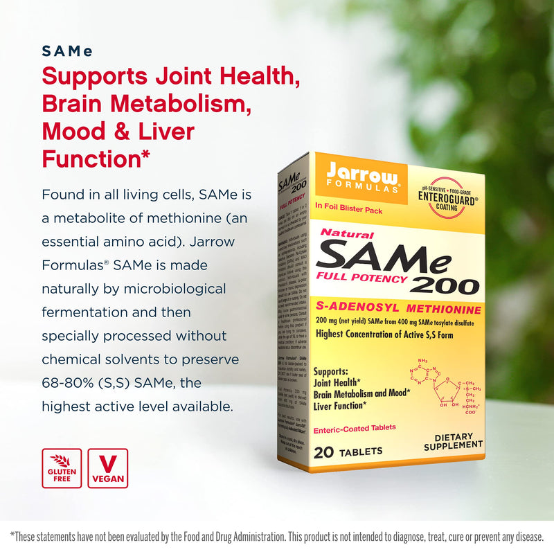 Jarrow Formulas Same 200 mg Highest Concentration of Active S,S Form, Supports Joint Health, Liver Function, Brain Metabolism, Mood & Antioxidant Defense, 20 Servings, White, 20 Count 20 Count (Pack of 1) - NewNest Australia