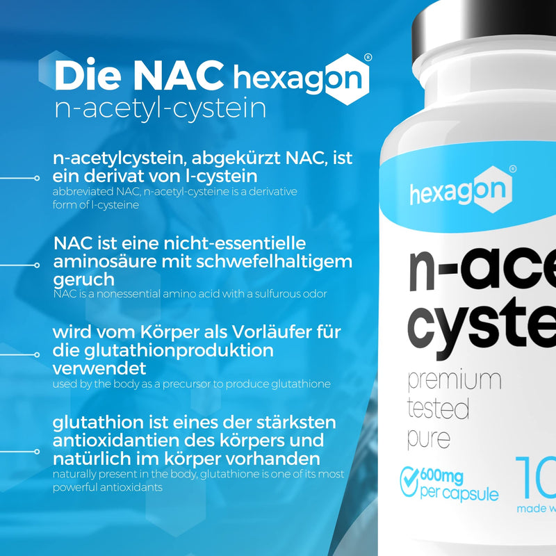 Nac N-Acetyl-Cysteine 600 Mg - +3 Month Treatment - Antioxidant & Detoxifier - Boost Glutathione - Liver Detox & Protection - 100 Vegetarian Capsules - Vegan - No Additives - Hexagon - NewNest Australia