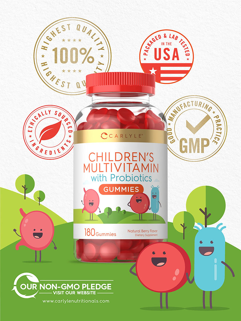 Children's Multivitamin Gummies with Probiotics | 180 Chewables | Natural Berry Flavor | Vegetarian, Non-GMO, Gluten Free Kids Supplement | by Carlyle - NewNest Australia