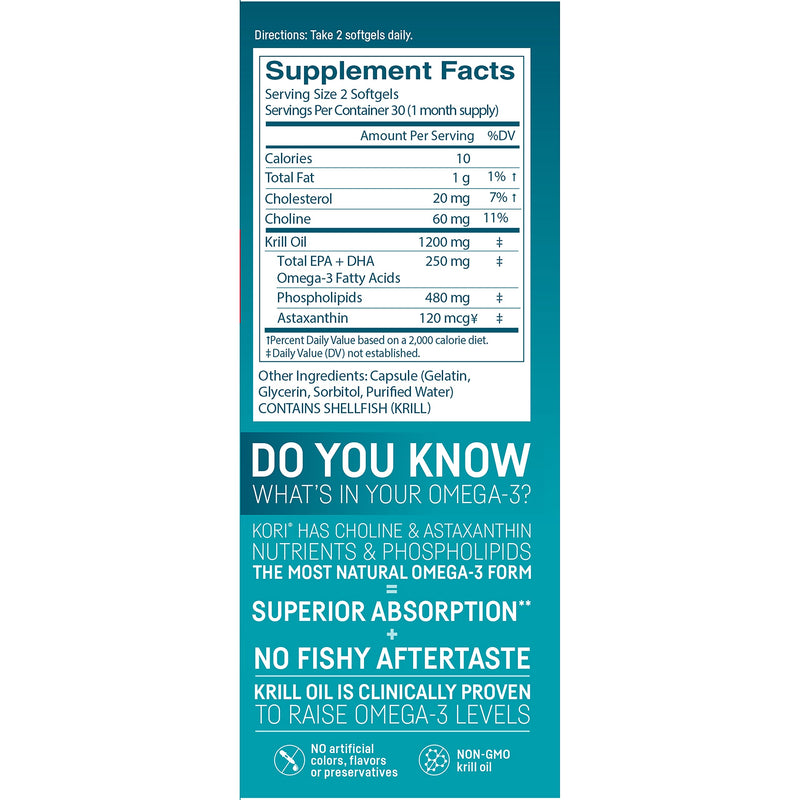 Kori Krill Oil Omega-3 600mg, 60 Softgels | Multi-Benefit Omega-3 Supplement | Superior Omega-3 Absorption vs Fish Oil and No Fishy Burps (Pack of 3) Small 600MG (3 Pack - 180 Count Total) - NewNest Australia