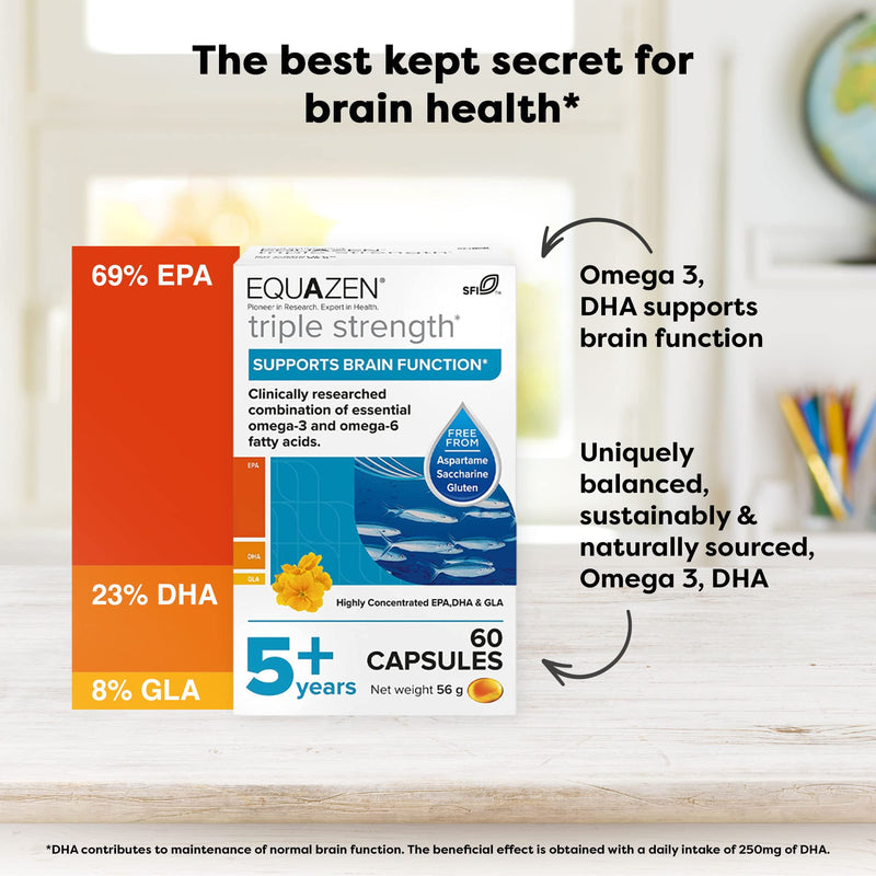 EQUAZEN Triple Strength Capsules, Omega 3 & Omega 6 Supplement, Clinically Researched blend of DHA, EPA & GLA, Supports Brain function*, Suitable from 5 years old to adult, 60 one-a-day capsules - NewNest Australia