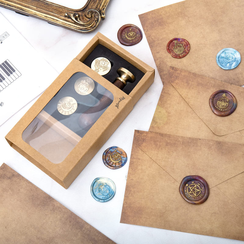 Wiccan Wax Seal Stamp Set, Pagan Pentagram Moon Phases Sealing Stamp Head, Vintage Evil Eye Triple Moon Pentacle and Sun Bottle Pattern Kit with Gift Box for Letter Envelope Witchcraft Invitation Card - NewNest Australia