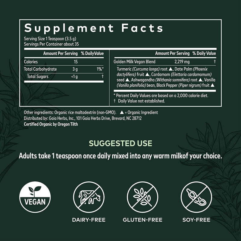 Gaia Herbs, Golden Milk Powder, Stress Support, Ashwaganda, Black Pepper, Cardamom, Date Palm, Turmeric, Vanilla, Vegan Powder Supplement, 4.3-Ounce 4.3 Ounce (Pack of 1) - NewNest Australia