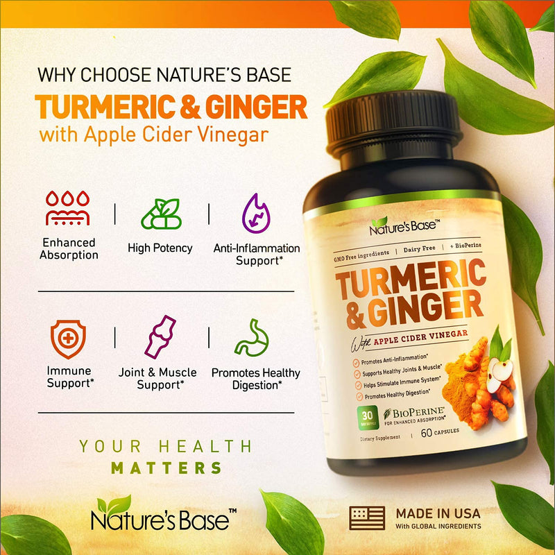 Turmeric Curcumin Supplement with Ginger & Apple Cider Vinegar, BioPerine Black Pepper, Tumeric & Ginger, 95% Curcuminoids & Joint Supplement, Antioxidant Tumeric Supplements Capsules, Nature's Base 60 Count (Pack of 1) - NewNest Australia