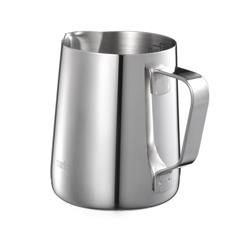 Mari Chef 350ml Stainless Steel Milk Jug. Steaming Pitcher for Latte, Coffee Art, Cappuccino. Perfect for Barista & Coffee Machine. Heat Proof & Dishwasher Friendly. Kitchen Measuring Jugs - NewNest Australia